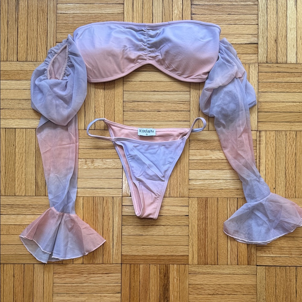 KOS Swim Pink Lilac Ombre Mesh Sleeve Bikini Set